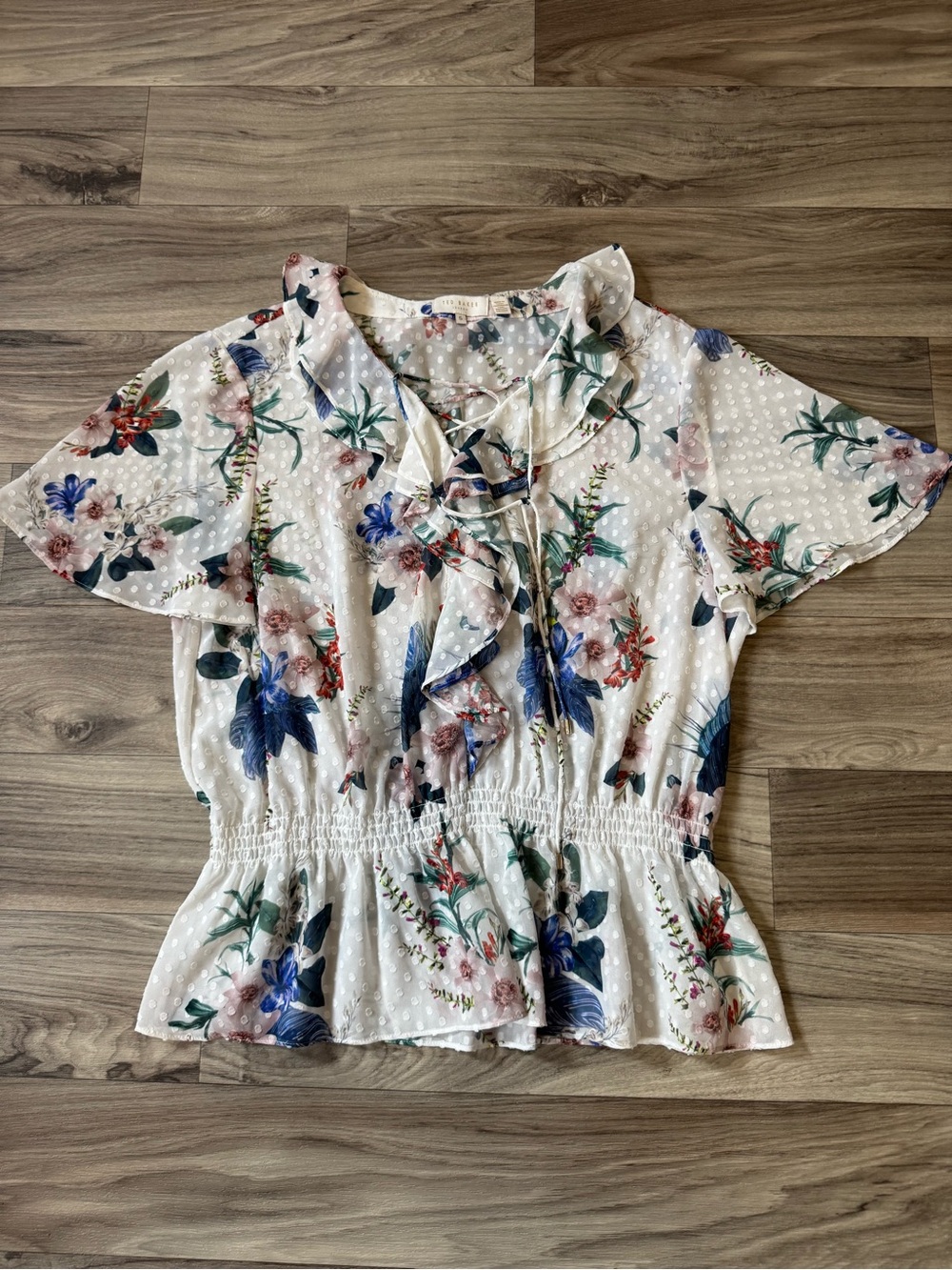 Ted Baker Women's Blouse White Floral Peplum Boho Ruffle Sheer Chiffon Size 12
